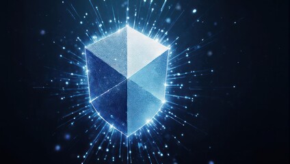 Abstract digital shield with glowing particles, cyber security concept.