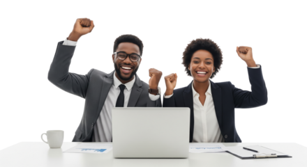 Successful business team working together with laptop isolated on white or transparent background