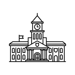 Outline icon of a classic institutional building with clock tower and columns, representing education, law, or government