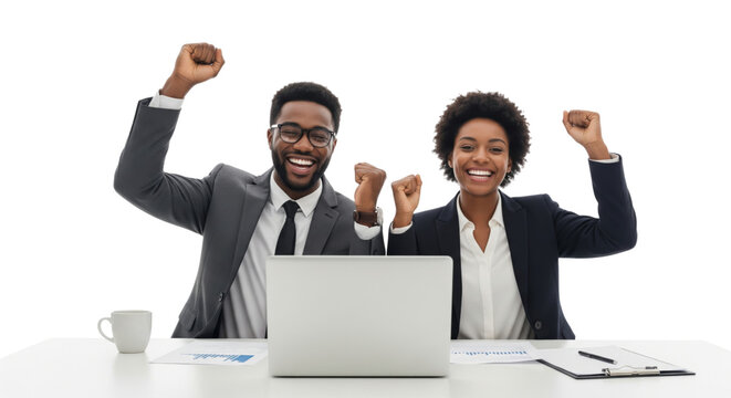 Successful business team working together with laptop isolated on white or transparent background