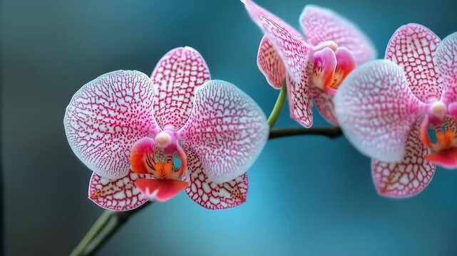 Close-up of pink and white speckled orchid blooms against a soft teal background