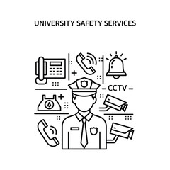 University campus safety and security services, officer with cctv, communication, and alarm system outline icon.