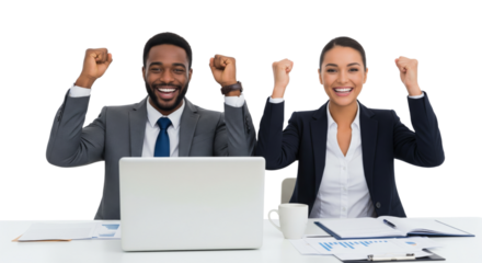 Successful business team working together with laptop isolated on white or transparent background