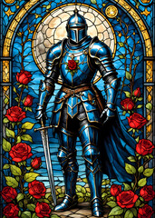 Blue knight with red roses. Stained glass illustration