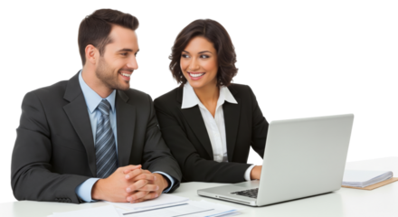 Successful business team, two young business people working together with laptop isolated on white or transparent background