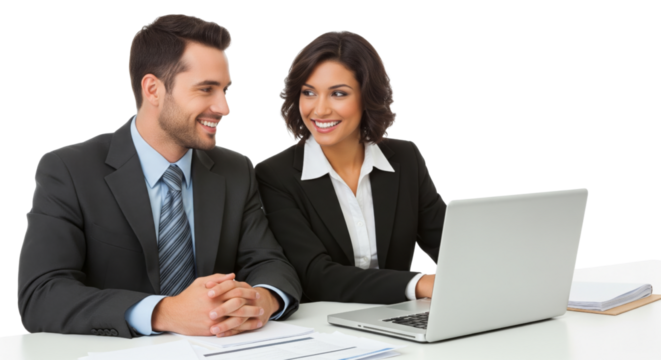 Successful business team, two young business people working together with laptop isolated on white or transparent background - Powered by Adobe