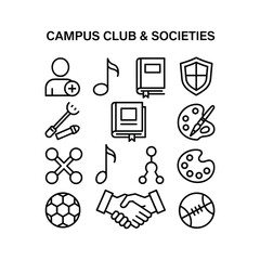 Campus club and societies line icon set with diverse interests including sports, arts, music, science, and literature.