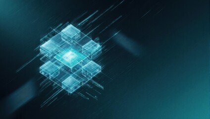Abstract glowing blue cube with interconnected lines representing data flow and technology on a dark background.