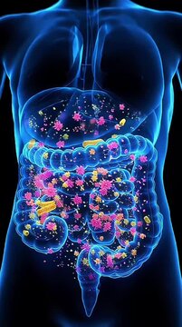 Suitable for medical presentations, educational materials, and articles on gut health and digestive system. Detailed human torso illustration.