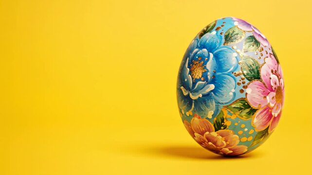 Floral Easter Egg on Yellow Background - This stock video shows a decorated Easter egg standing upright on a solid yellow surface.