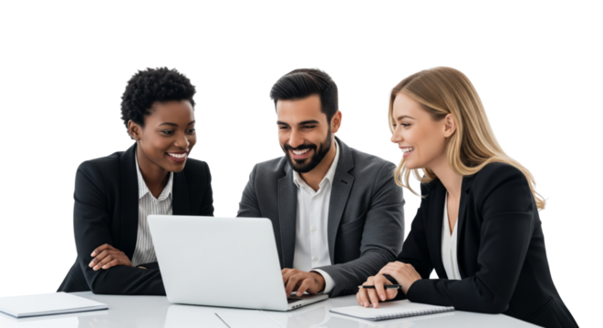 Successful business team, three young business people working together with laptop isolated on white or transparent background