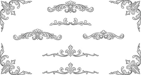 Vintage ornamental decorative border elements set with elegant Victorian flourishes and floral swirls for frame, invitation, or design decoration