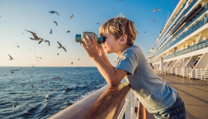 Child Watching Seagulls from Cruise Deck with Binoculars 