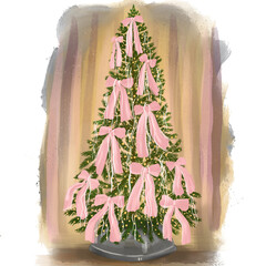 Hand-drawn illustration of a Christmas tree in a cozy interior corner. Warm, stylish composition capturing a festive mood, ideal for print, web, and seasonal projects.