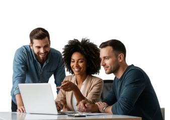 Successful business team, three young business people working together with laptop isolated on white or transparent background