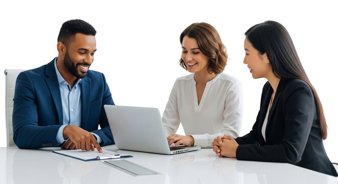 Successful business team, three young business people working together with laptop isolated on white or transparent background