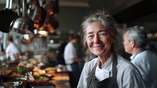 Senior woman chef works in professional kitchen. Elderly female cook prepares food. Mature 60+ culinary expert creates dishes. Active retirement career lifestyle. 