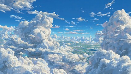 A vibrant, painted sky filled with fluffy clouds