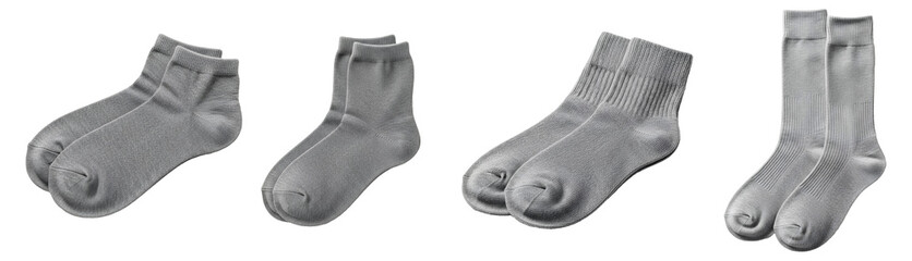 Gray Socks Variety Pack PNG. Collection of various gray sock styles including crew and ankle, isolated for diverse apparel and fashion projects isolated. Grey sock top view flat lay PNG