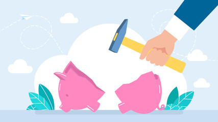 Businessman breaking his piggy bank and showing poor money. Damaged piggy bank. Financial problem. Editable element. Items on white. Lack of money simple cartoon style. Flat illustration