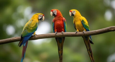 Three Colorful Macaws Perched on Branch in Lush Green Jungle