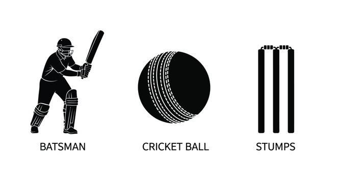 A silhouette of a batsman cricket ball and stumps isolated on white