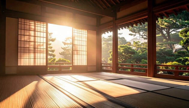 Interior view of a traditional Japanese room with shoji screens, tatami mats, and a veranda overlooking a garden.