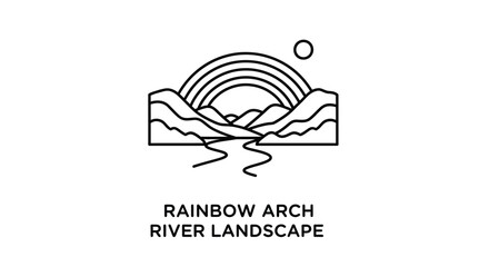 Minimalist line art depicting a rainbow mountains and river landscape