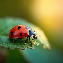 Fototapeta premium Ladybug on a leaf, bathed in golden sunlight