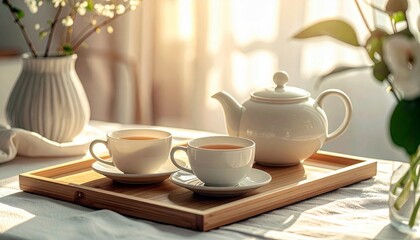 A white teapot and two cups of tea are arranged on a wooden tray, with soft sunlight streaming in from a window.