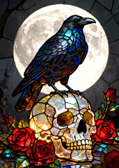 Stained glass raven on a crystal skull in the moonlight