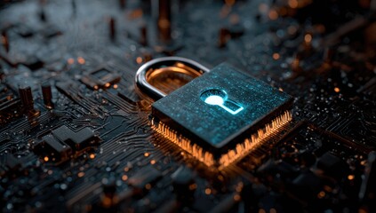 A glowing padlock on a circuit board