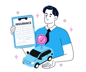 Fototapeta premium Character showing rental or leasing car and holding auto insurance policy form. Vehicle safety, assistance and protection concept. Outline vector illustration. 