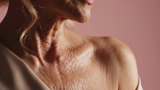 Aging Skin Close-Up - This close-up shot showcases the aging skin on a mature woman's neck and shoulder. The video highlights the natural wrinkles and textures associated with the aging process.