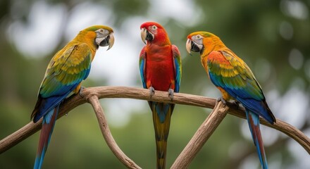 Obraz premium Three Colorful Macaw Parrots Perched on Branch