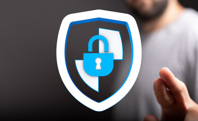 Concept of data security and protection represented by a shield and lock. Symbol for internet safety and online privacy. Protecting i