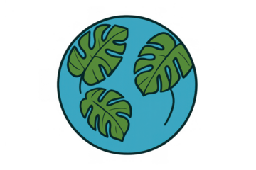 Monstera leaves forming a circle on a blue background, an illustration symbolizing tropical plants, ecology, and nature conservation