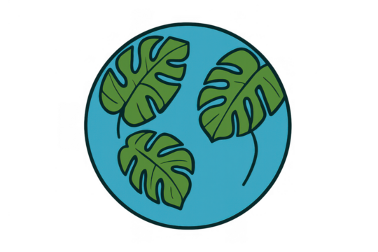 Monstera leaves forming a circle on a blue background, an illustration symbolizing tropical plants, ecology, and nature conservation