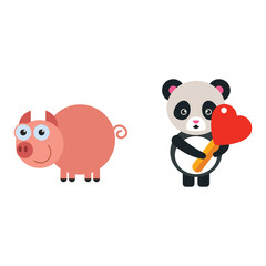 A cute cartoon illustration set featuring a friendly pig and a lovely panda holding a heart