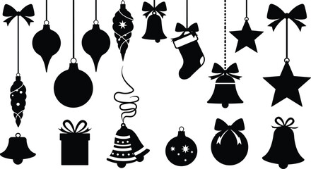 Black Silhouette Christmas Ornaments Bells Stars Gift Box Stocking Bows vector