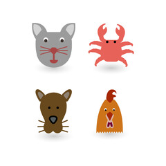 Cute cartoon animal faces including cat, dog, chicken, and crab icons