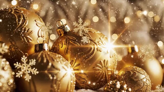 Golden Christmas Ornaments with Bokeh Lights - A close-up shot showcasing a collection of golden Christmas ornaments.