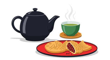 Obraz premium A traditional japanese tea service featuring a black teapot, green tea in a cup, and taiyaki fish-shaped cakes on a red plate.