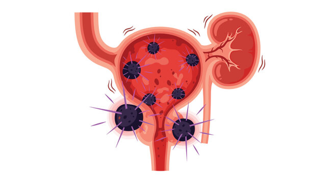 Illustration depicting urinary tract infection with inflamed bladder and kidney, showing bacterial presence and discomfort, medical imagery.