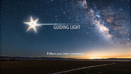 A bright star emits a guiding light across a vast twilight sky and celestial landscape