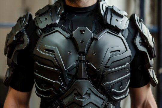 Man wears a futuristic, technologically advanced protective chest and shoulder armor