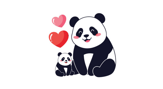 A heartwarming illustration depicts a mother panda lovingly gazing at her adorable baby panda, with two floating hearts symbolizing affection and family bonds.