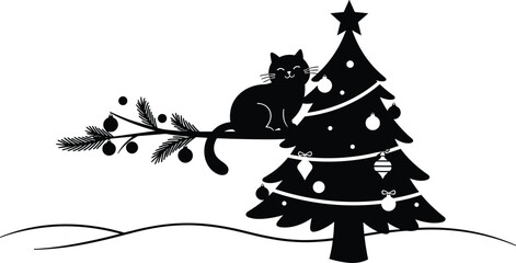 Black silhouette of a cat sitting on a pine branch next to a decorated Christmas tree