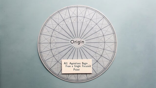 A meticulously drawn circular diagram with the word 'Origin' and a quote about beginnings, displayed flatlay