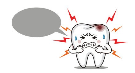 Cartoon tooth character experiencing intense pain with a cavity, illustrated with lightning bolts and teardrops, and a speech bubble for text.